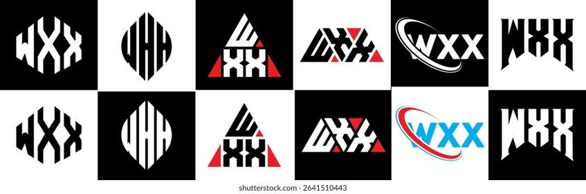 WXX letter logo design in six style. WXX polygon, circle, triangle, hexagon, flat and simple style with black and white color variation letter logo set in one artboard. WXX minimalist and classic logo