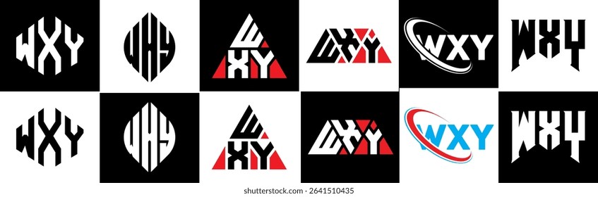 WXY letter logo design in six style. WXY polygon, circle, triangle, hexagon, flat and simple style with black and white color variation letter logo set in one artboard. WXY minimalist and classic logo