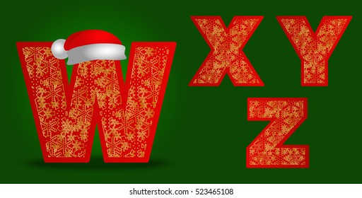 WXYZ, vector christmas font on green background. Letters with santa hat and snowflakes