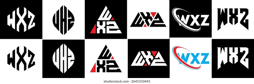 WXZ letter logo design in six style. WXZ polygon, circle, triangle, hexagon, flat and simple style with black and white color variation letter logo set in one artboard. WXZ minimalist and classic logo