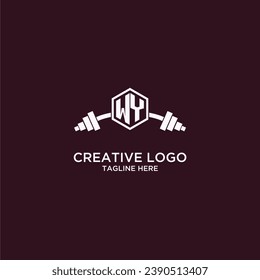 WY initial monogram for fitnes or gym logo with creative shield and barbell design