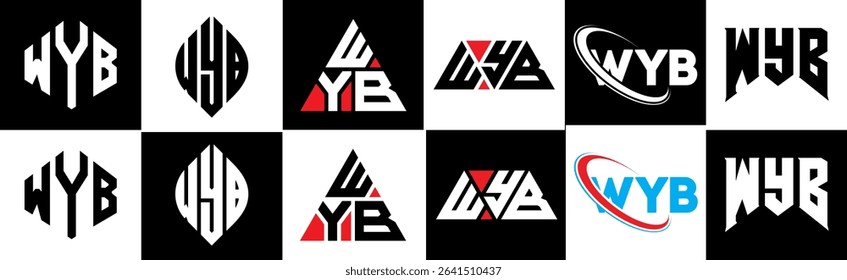 WYB letter logo design in six style. WYB polygon, circle, triangle, hexagon, flat and simple style with black and white color variation letter logo set in one artboard. WYB minimalist and classic logo