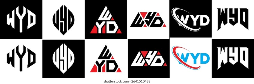 WYD letter logo design in six style. WYD polygon, circle, triangle, hexagon, flat and simple style with black and white color variation letter logo set in one artboard. WYD minimalist and classic logo