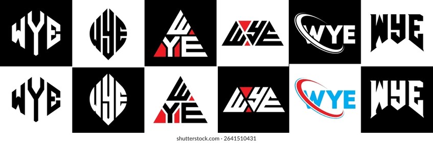 WYE letter logo design in six style. WYE polygon, circle, triangle, hexagon, flat and simple style with black and white color variation letter logo set in one artboard. WYE minimalist and classic logo