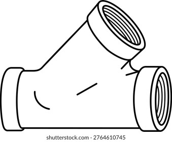 Wye pipe fitting with 45 degree lateral branch and internal threads for drainage systems. Vector outline icon.