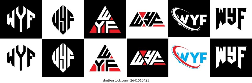 WYF letter logo design in six style. WYF polygon, circle, triangle, hexagon, flat and simple style with black and white color variation letter logo set in one artboard. WYF minimalist and classic logo
