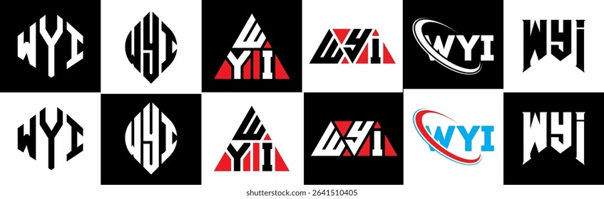 WYI letter logo design in six style. WYI polygon, circle, triangle, hexagon, flat and simple style with black and white color variation letter logo set in one artboard. WYI minimalist and classic logo