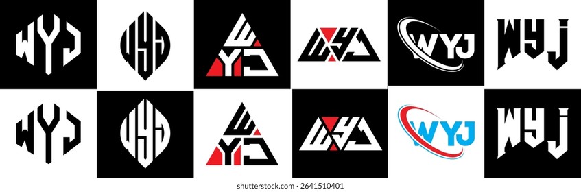 WYJ letter logo design in six style. WYJ polygon, circle, triangle, hexagon, flat and simple style with black and white color variation letter logo set in one artboard. WYJ minimalist and classic logo