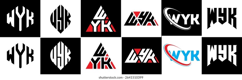 WYK letter logo design in six style. WYK polygon, circle, triangle, hexagon, flat and simple style with black and white color variation letter logo set in one artboard. WYK minimalist and classic logo