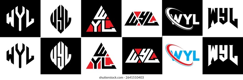 WYL letter logo design in six style. WYL polygon, circle, triangle, hexagon, flat and simple style with black and white color variation letter logo set in one artboard. WYL minimalist and classic logo