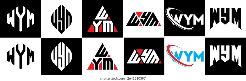 WYM letter logo design in six style. WYM polygon, circle, triangle, hexagon, flat and simple style with black and white color variation letter logo set in one artboard. WYM minimalist and classic logo