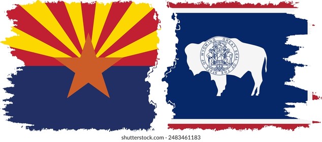 Wyoming and Arizona states grunge brush flags connection, vector