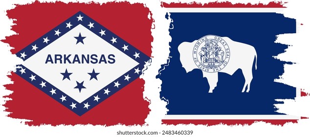 Wyoming and Arkansas states grunge brush flags connection, vector