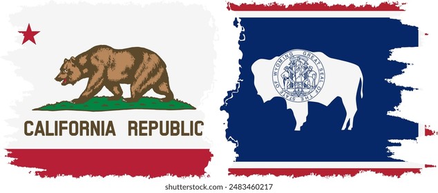 Wyoming and California states grunge brush flags connection, vector