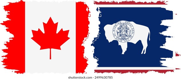 Wyoming and Canada grunge brush flags connection, vector