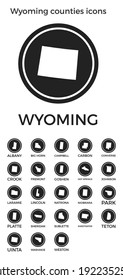 Wyoming counties icons. Black round logos with us state counties maps and titles. Vector illustration.