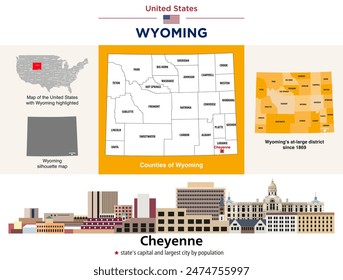 Wyoming counties map and at-large congressional district map. Skyline of Cheyenne (state's capital and most populous city). Vector set