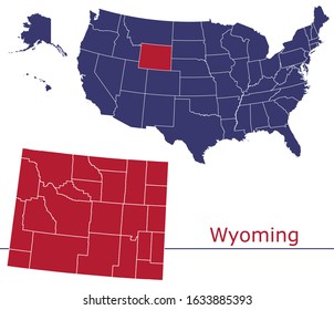 Wyoming counties vector map with USA map colors national flag