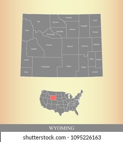 Wyoming county map with names labeled. Wyoming state of USA map vector outline 