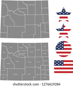 Wyoming county map vector outline in gray background. Wyoming state of USA map with counties names labeled and United States flag icon vector illustration designs