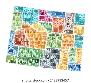 Wyoming county word cloud. State shape design. Wyoming colored illustration. County names collage cloud. Vector illustration.