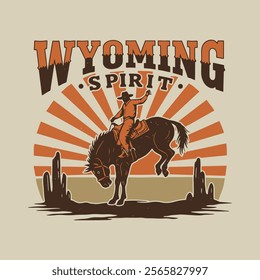 Wyoming cowboy riding bucking bronco.