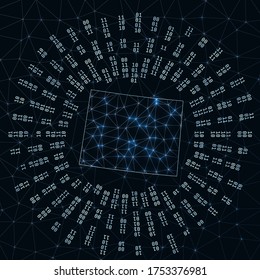 Wyoming digital map. Binary rays radiating around glowing US state. Internet connections and data exchange design. Vector illustration.