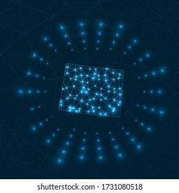 Wyoming digital map. Glowing rays radiating from the US state. Network connections and telecommunication design. Vector illustration.