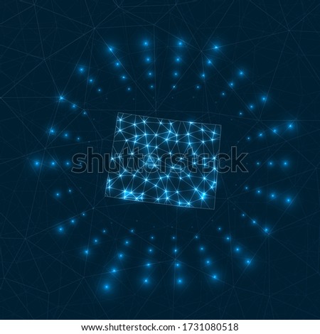 Wyoming digital map. Glowing rays radiating from the US state. Network connections and telecommunication design. Vector illustration.