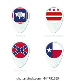 Wyoming, District of Columbia, Confederate, Texas flag location map pin icon. Vector Illustration.