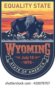 Wyoming, emblem of the U.S. state, bison at sunset on a blue background