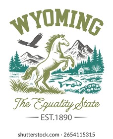 Wyoming O Estado da Igualdade - Estados Unidos Estado Cityscape T-shirt Vetor, Ícones americanos de referência, Vintage Estados Cityscape Camisa, Retro Travel City Art, Estados Landmark Quotes, Estado Vacation Illustration