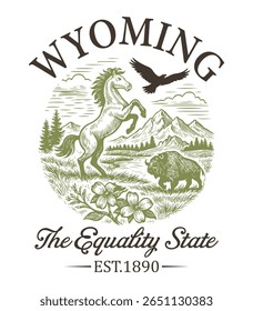 Wyoming The Equality State - US State Vintage T-shirt Vector, USA States Cityscape Landmark Icons, American State Typography Shirt, USA Skyline Clipart, Retro travel city illustration

