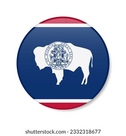 Wyoming flag circle button icon, US state round badge with shadow. 3D realistic vector illustration isolated on white.