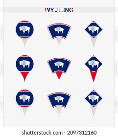 Wyoming flag, set of location pin icons of Wyoming flag. Vector illustration of national symbols.