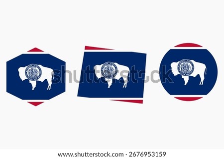 Wyoming flag set. Wyoming USA flag vector. Wyoming flag map, hexagon, circle flag