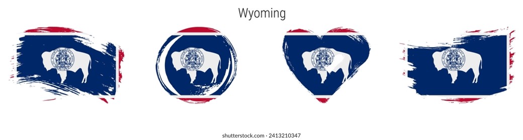 Wyoming hand drawn grunge style flag icon set. US state banner in official colors. Free brush stroke shape, circle and heart-shaped. Flat vector illustration isolated on white.