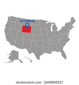 Wyoming highlighted in red on a gray USA map with a location pin graphic, ideal for geographic presentations and educational materials.