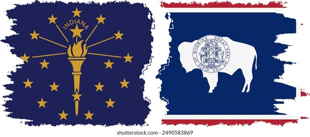 Wyoming and Indiana states grunge brush flags connection, vector