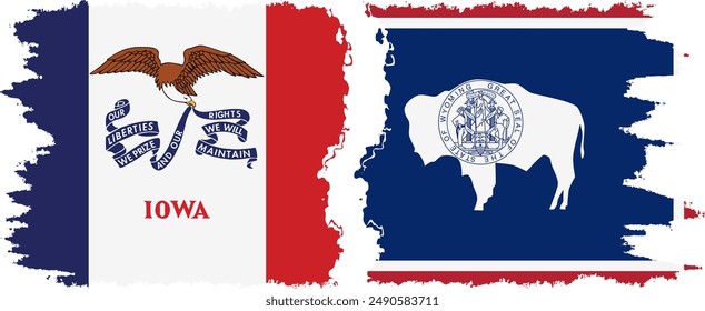 Wyoming and Iowa states grunge brush flags connection, vector