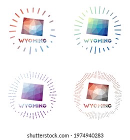 Wyoming low poly sunburst set. Logo of us state in geometric polygonal style. Vector illustration.
