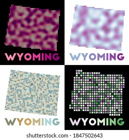 Wyoming map. Collection of map of Wyoming in dotted style. Borders of the us state filled with rectangles for your design. Vector illustration.