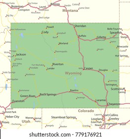 Wyoming map. Shows state borders, urban areas, place names, roads and highways.
Projection: Mercator.