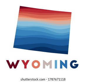 Wyoming map. Map of the US state with beautiful geometric waves in red blue colors. Vivid Wyoming shape. Vector illustration.