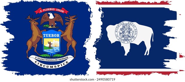 Wyoming and Michigan states grunge brush flags connection, vector