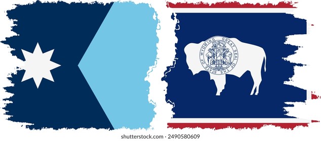 Wyoming and Minnesota states grunge brush flags connection, vector