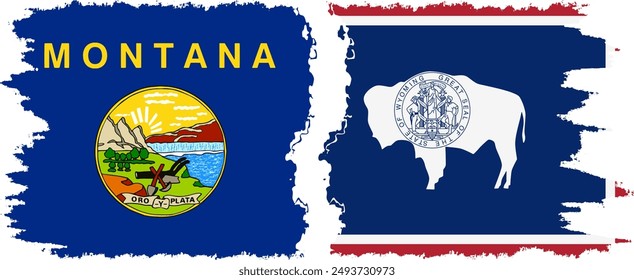 Wyoming and Montana states grunge brush flags connection, vector