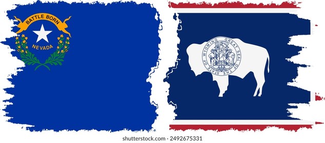 Wyoming and Nevada states grunge brush flags connection, vector