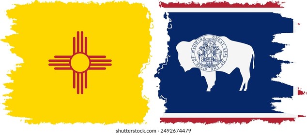 Wyoming and New Mexico states grunge brush flags connection, vector