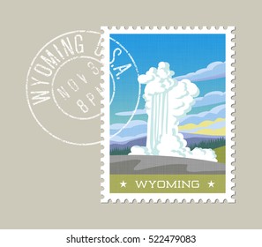  Wyoming postage stamp design. 
Vector illustration of exploding geyser. Grunge postmark on separate layer